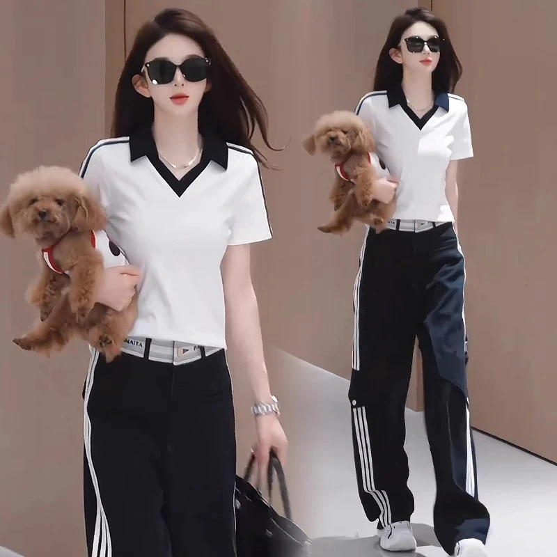 时尚套装女2025夏季新款洋气显瘦POLO领T恤阔腿裤休闲减龄两件套