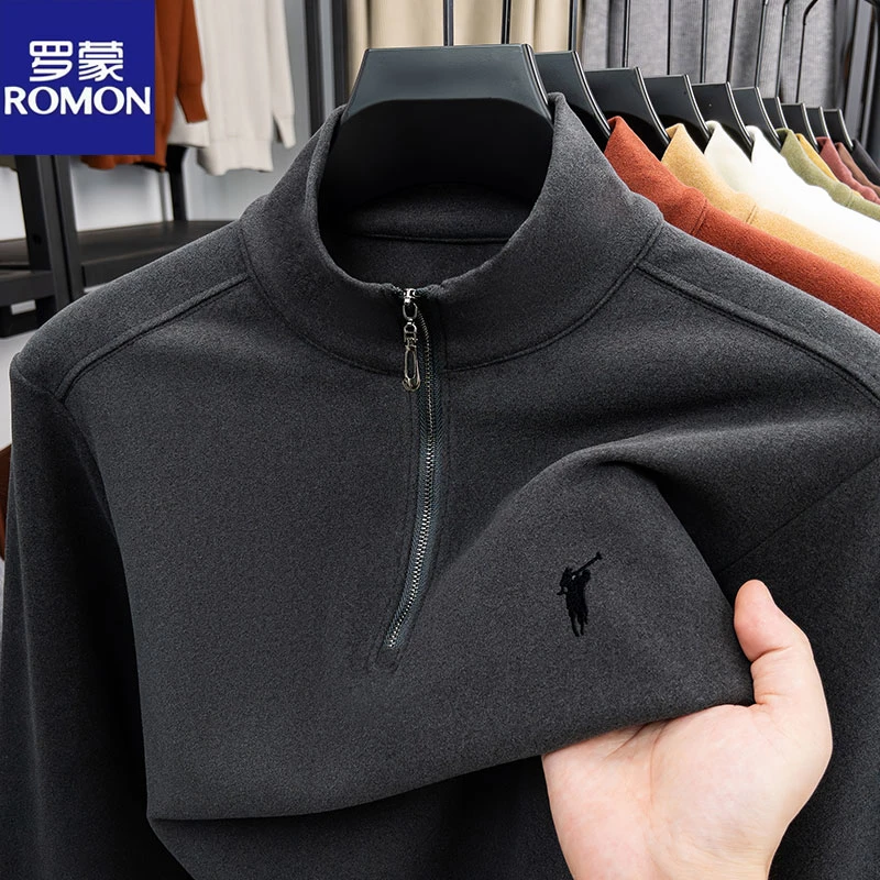 罗蒙高端秋冬半高领中青年亲肤半拉链T恤套头长袖打底衫