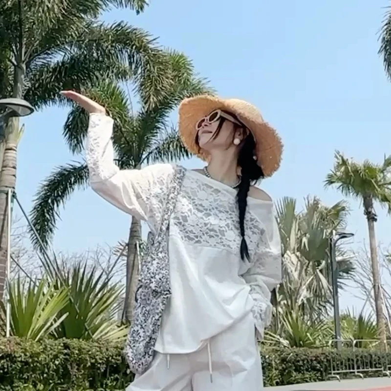 【温柔蕾丝长袖】纯欲风法式蕾丝拼接气质长袖T恤HJ6011