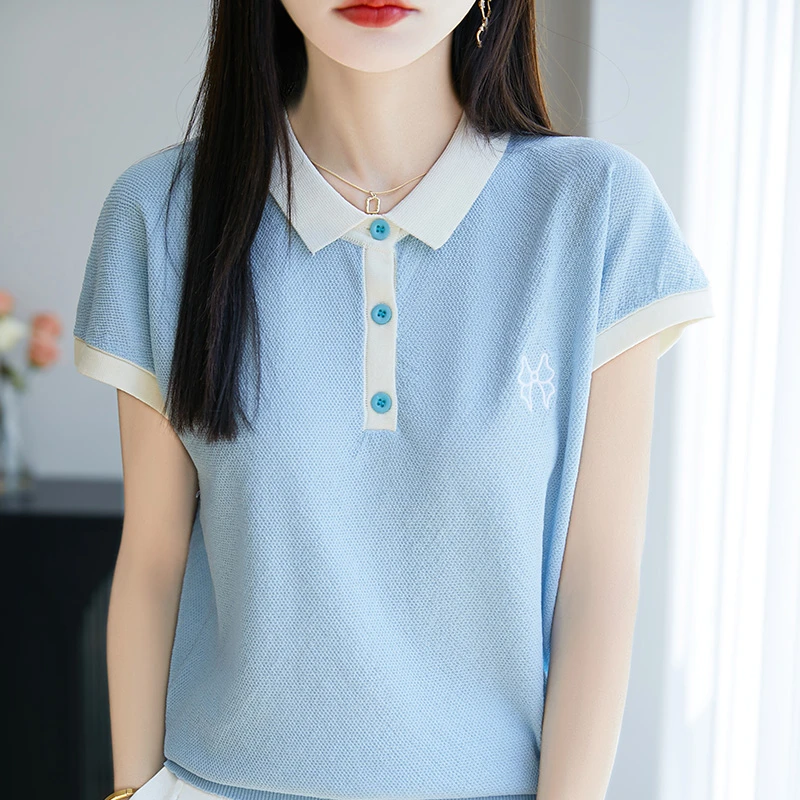 品牌正品短袖夏季撞色百搭翻领休闲蓝色上衣设计感拼色针织时尚