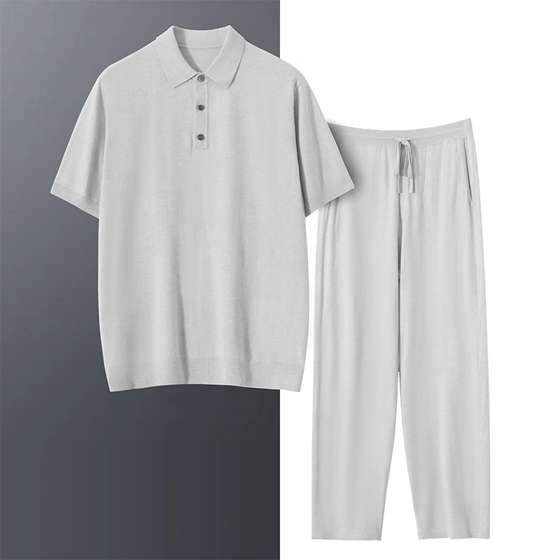 康塞妮纱线】男士长裤短袖薄款休闲运动套装休闲时尚POLO衫直筒裤