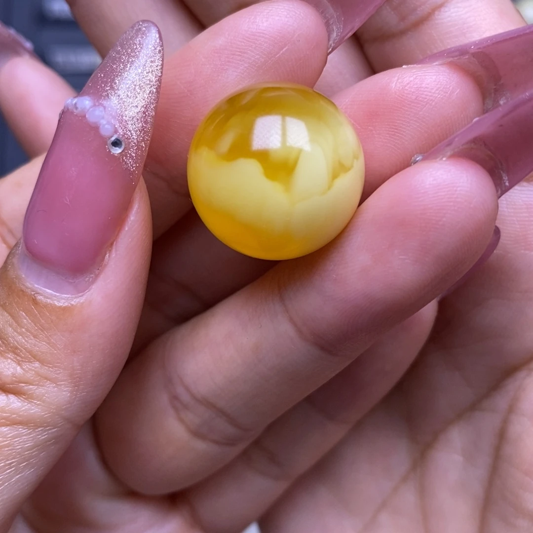 蜜蜡未镶嵌珠宝奇石蜜糖黄白花溶洞聚宝盆妖花圆珠18.5mm