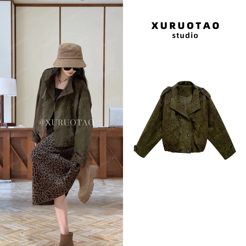 XURUOTAO 【摩登时代】麂皮绒百搭时髦设计感显瘦绿色外套 T5627