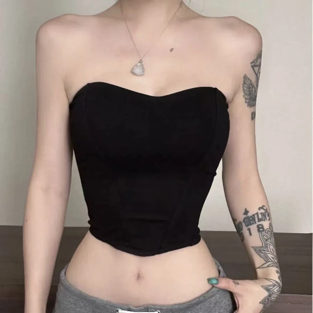 有胸垫超绝鱼骨抹胸修身短款抹胸显瘦性感辣妹内穿外搭吊带背心