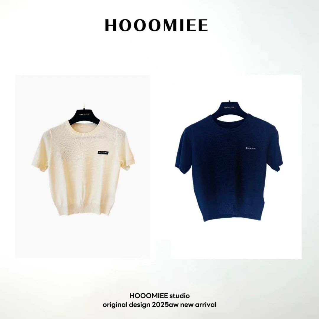 Hooomiee字母刺绣短袖套头针织衫修身百搭显瘦圆领上衣202534