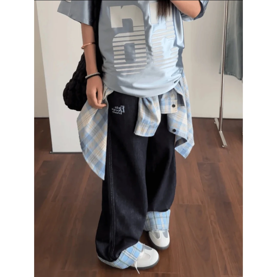 C28#少年感拉满！复古格子贴布卷边牛仔裤男女款阔腿宽松直筒裤子