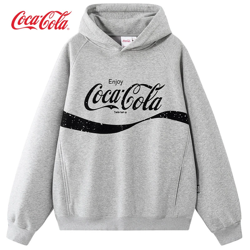 Coca-Cola可口可乐斑驳植绒飘带Logo印花插肩连帽卫衣男女同款