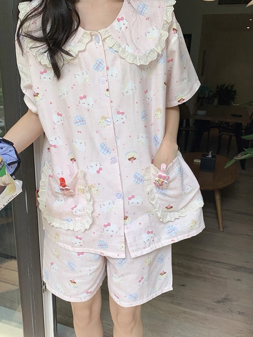 甜美可爱卡通印花娃娃领夏季女款蕾丝边短袖短裤舒适宽松睡衣套装