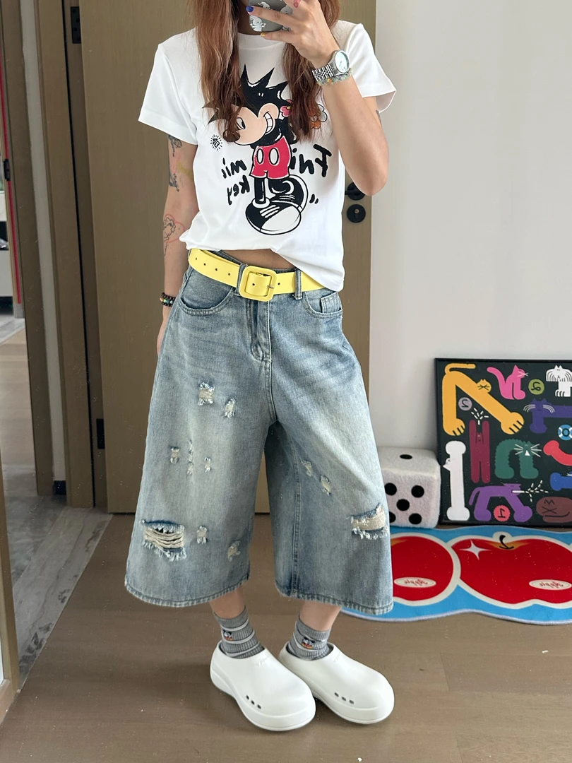 美式街头风破洞设计宽松水洗阔腿裤女2025春夏高腰显瘦七分牛仔裤