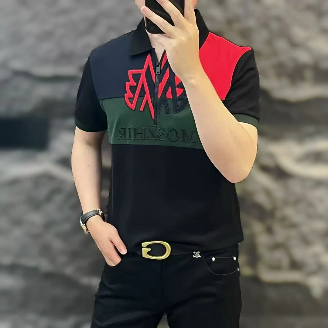 新款高端男士潮流百搭个性图案半拉链休闲拼色Polo衫2025010