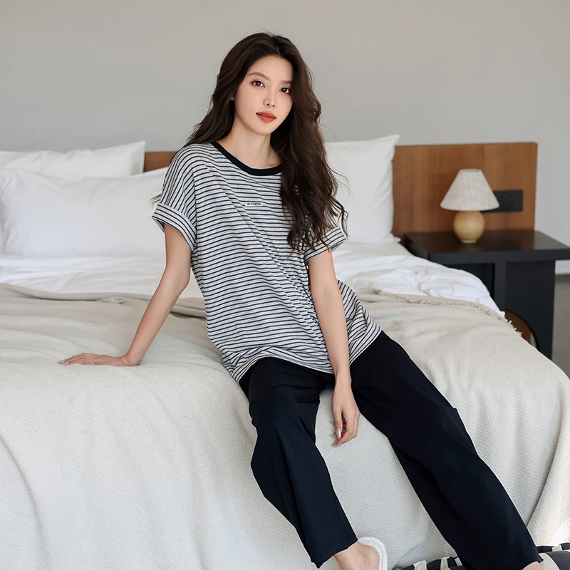 美腾柔软棉薄款睡衣女夏条纹圆领短袖长裤抗菌家居服撞色宽松套装