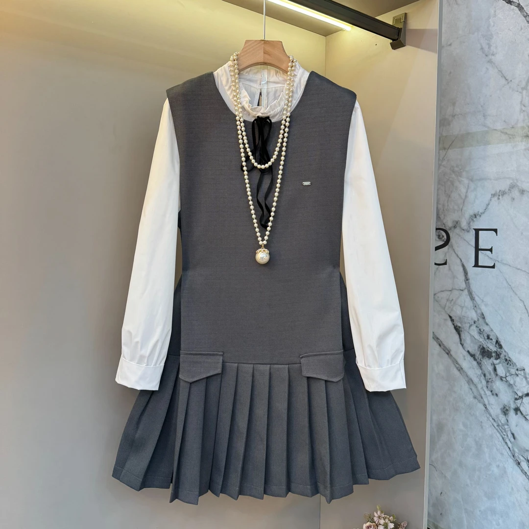 大妈女装韩系长袖花边领衬衫百褶裙摆马甲裙胖妹妹气质两件套601