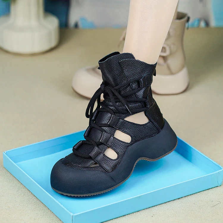 NP57-961春夏新款真皮休闲凉鞋女松糕底民族风镂空气质小短靴