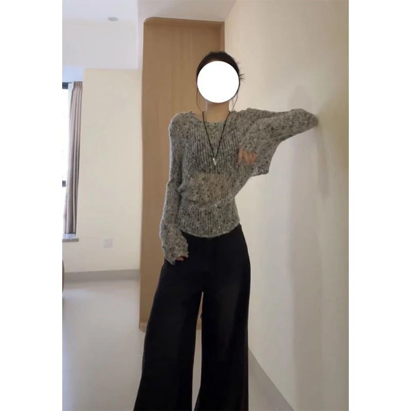 韩系慵懒松弛感长袖防晒针织衫女早秋设计感百搭阔腿宽松长裤套装