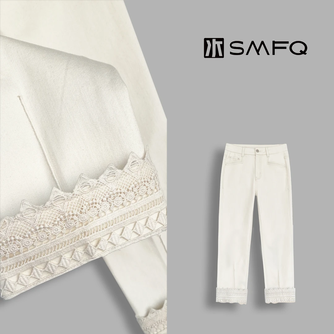 水木夫妻 ”肆意显瘦“繁复蕾丝绣花下摆显瘦弹力烟管裤！