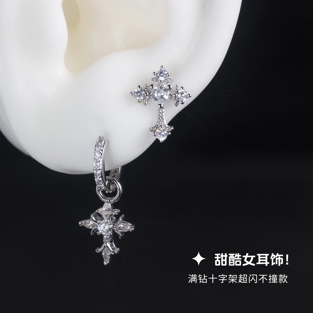 钛钢耳饰 医学钛钢满钻十字架耳钉小众个性耳环养耳防过敏耳饰女