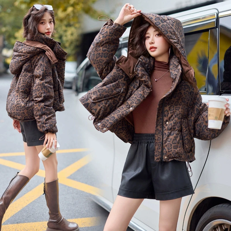 豹纹羽绒服女冬季短款小个子小款2024新款今年流行爆款欧货洋气