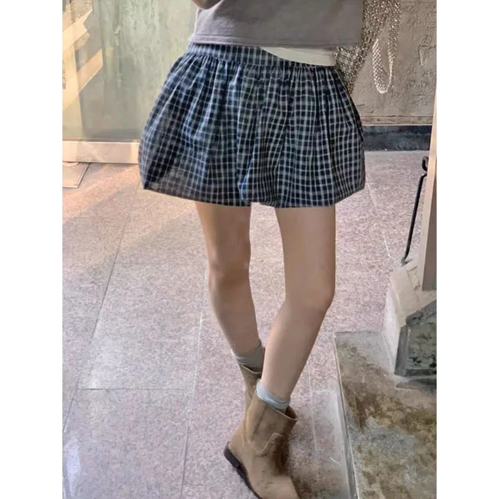 东大门复古减龄格子蓬蓬半身裙花苞迷你a字短裙子女2025花苞裙