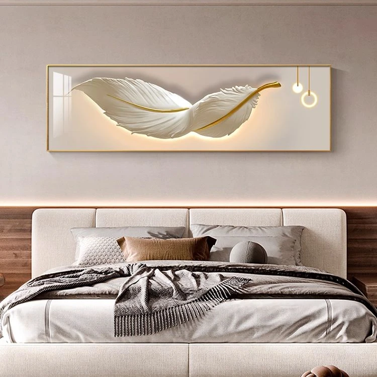 轻奢卧室装饰画温馨羽毛床头挂画横幅现代简约主卧房间背景墙壁画