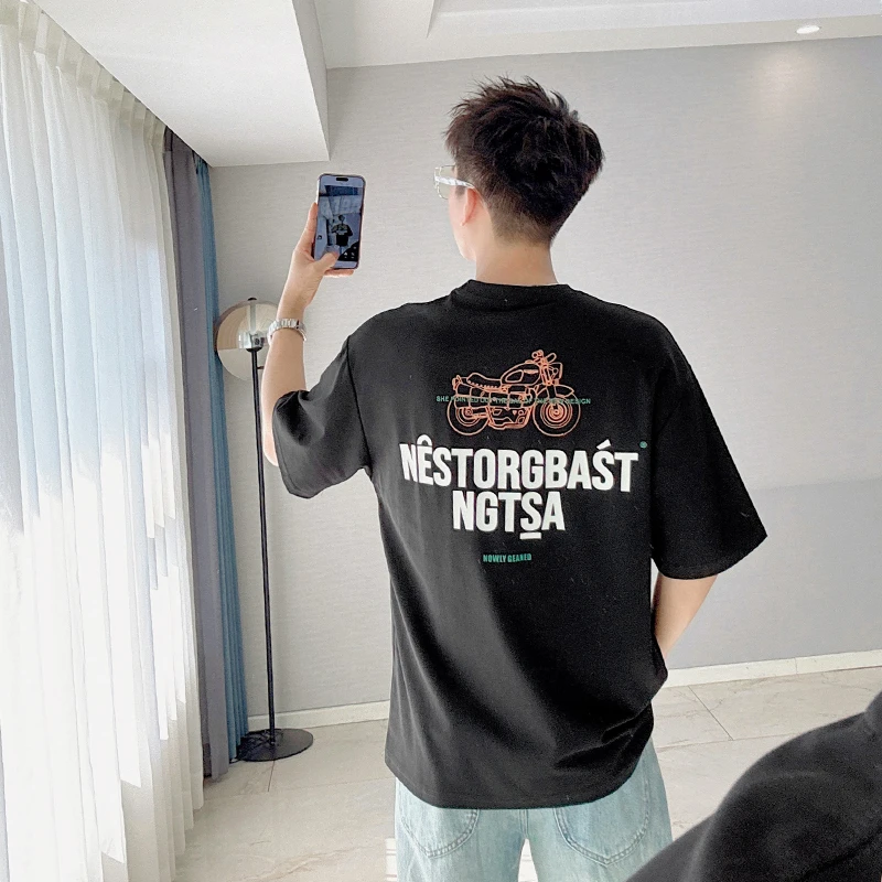 朱渣渣美式潮牌男士短袖t恤男款夏季宽松薄款字母刺绣5分半袖上衣