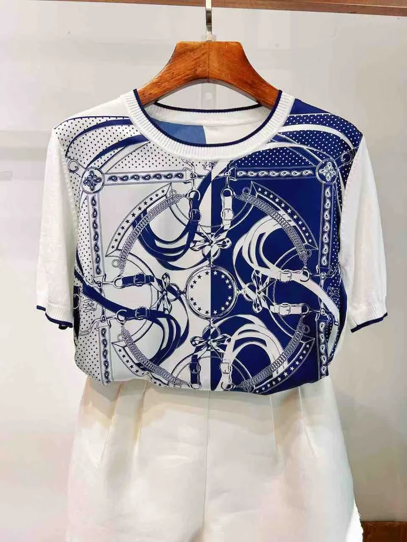 2025夏【蓝影遥星】25164 双面桑蚕丝印花拼接 短袖圆领