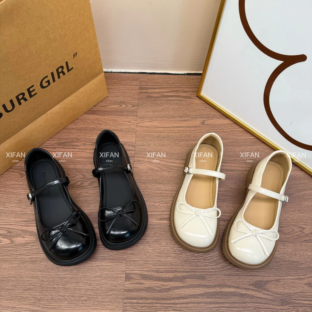 【喜番】2025新款玛丽珍鞋春季蝴蝶结浅口粗跟单鞋日系圆头港风厚底