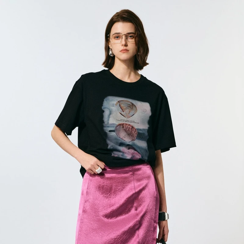 U/TI【微光海洋】热卖单品贝壳数码印花透气显瘦精梳棉宽松短袖T恤