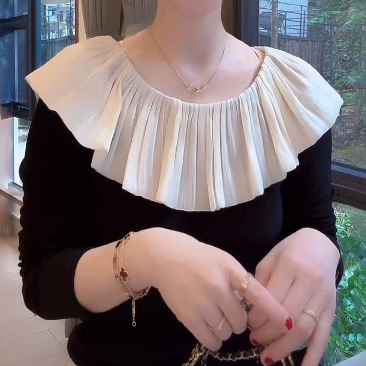 韩版设计感气质撞色拼接荷叶边长袖T恤打底衫女洋气百搭上衣女潮