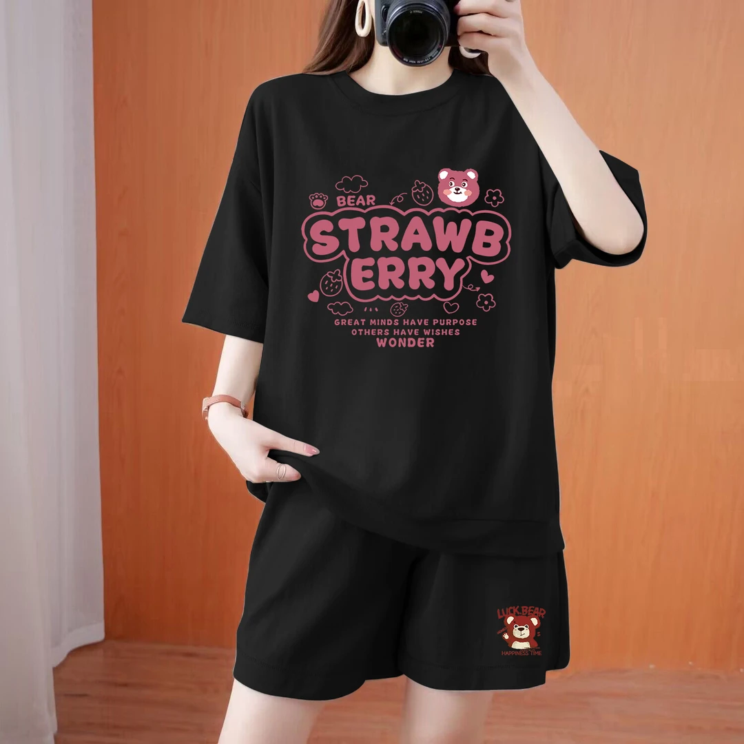 韩版休闲大码纯棉短袖短裤两件套女夏装新款减龄BF慵懒200斤套装