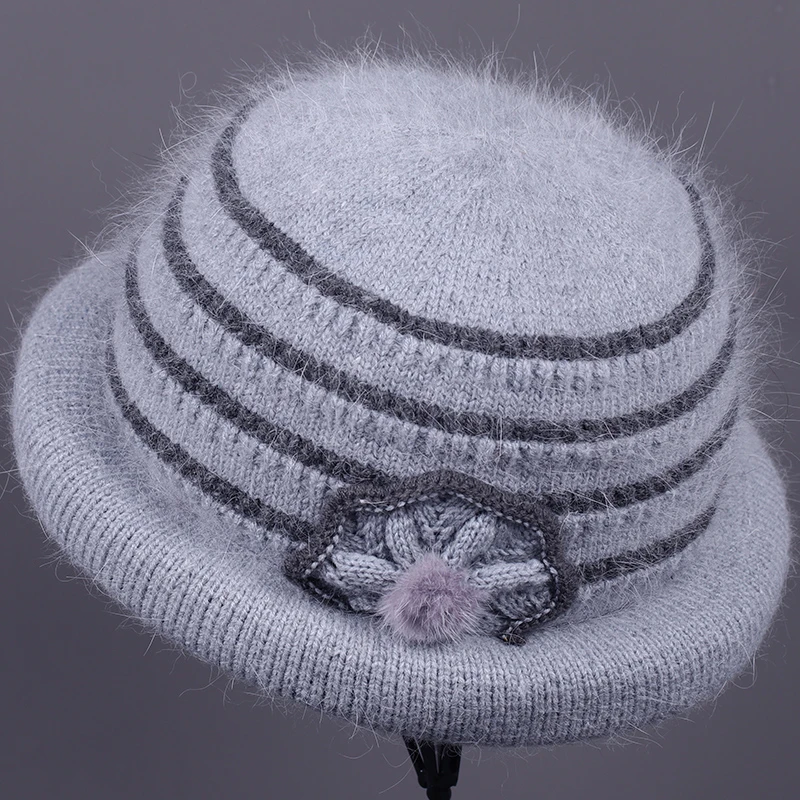 中老年人帽子女秋冬季妈妈兔毛针织盆帽老太太毛线帽加绒奶奶棉帽