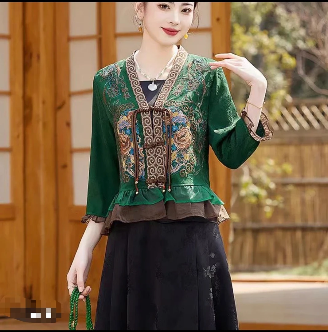 166正版高货荷叶边刺绣显瘦复古新中式气质中国风名族风上衣