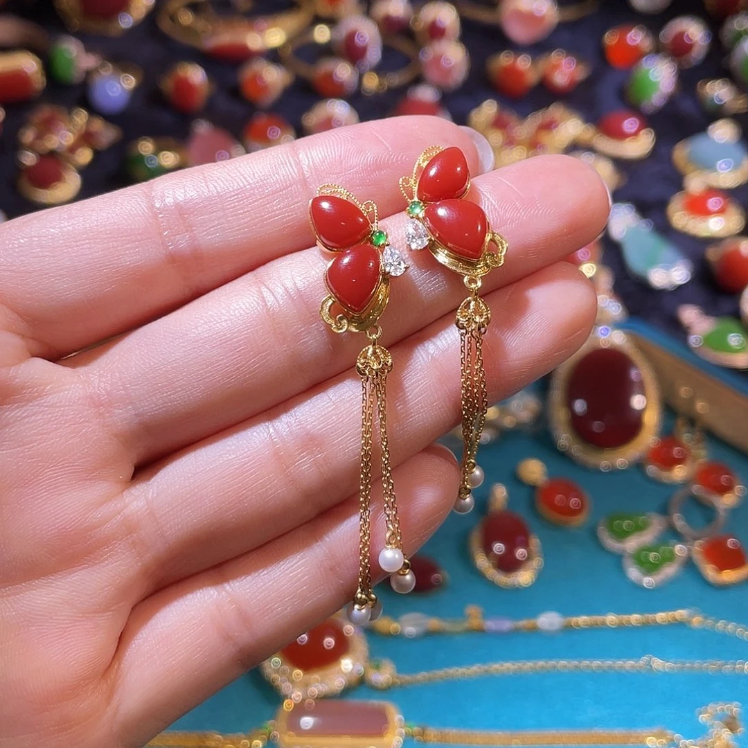 南红玛瑙18K金镶嵌耳饰