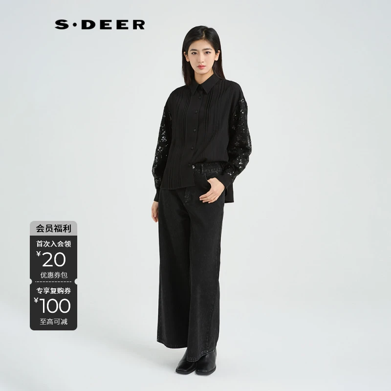 S·DEER圣迪奥女装长袖针织轻奢时尚休闲百搭黑色拼接秋冬气质衬衫