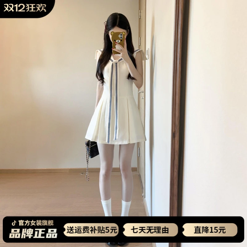 学院风白色海军领无袖背心连衣裙子女夏季绑带设计感收腰百褶短裙