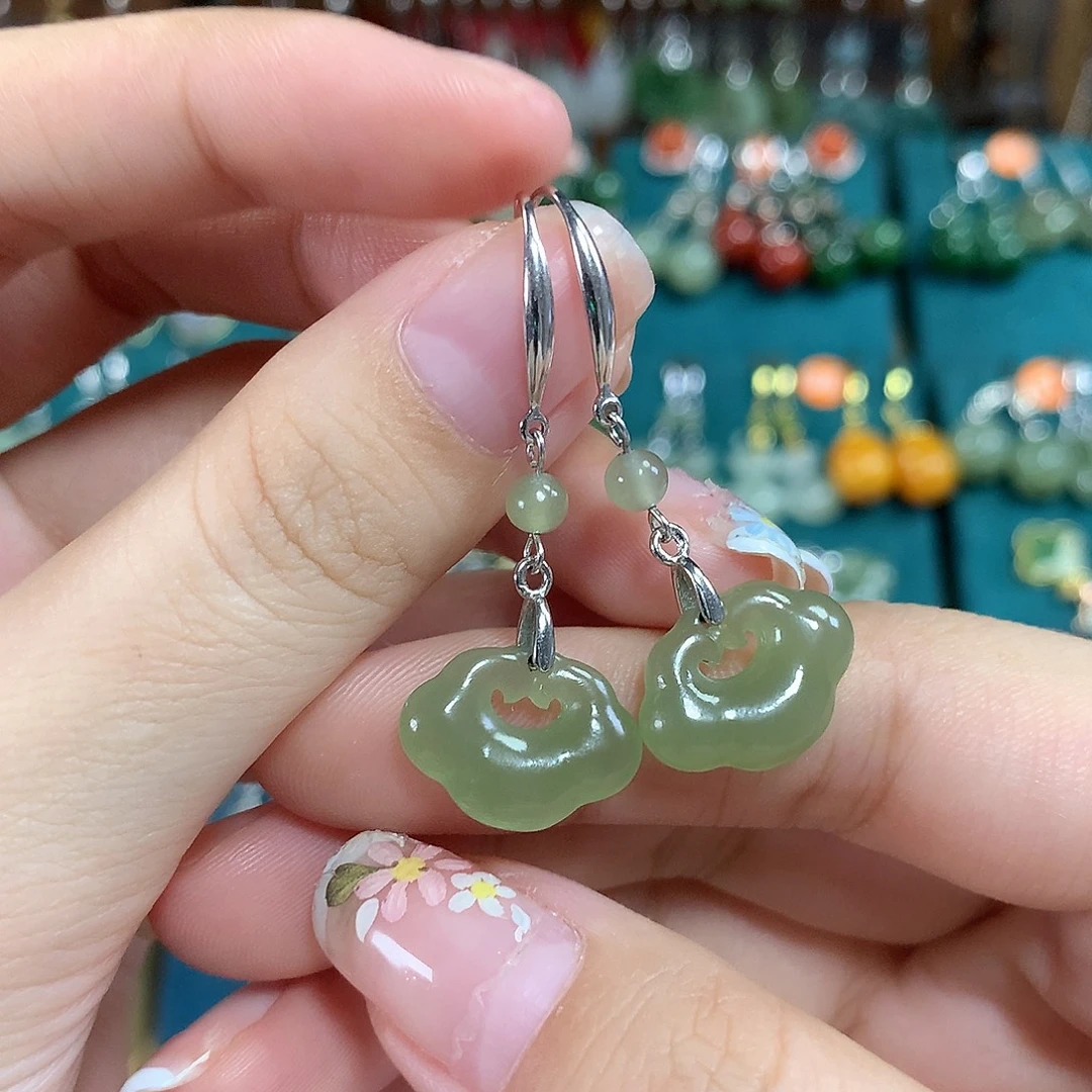 和田玉银S925镶嵌耳饰如意卡16mm左右