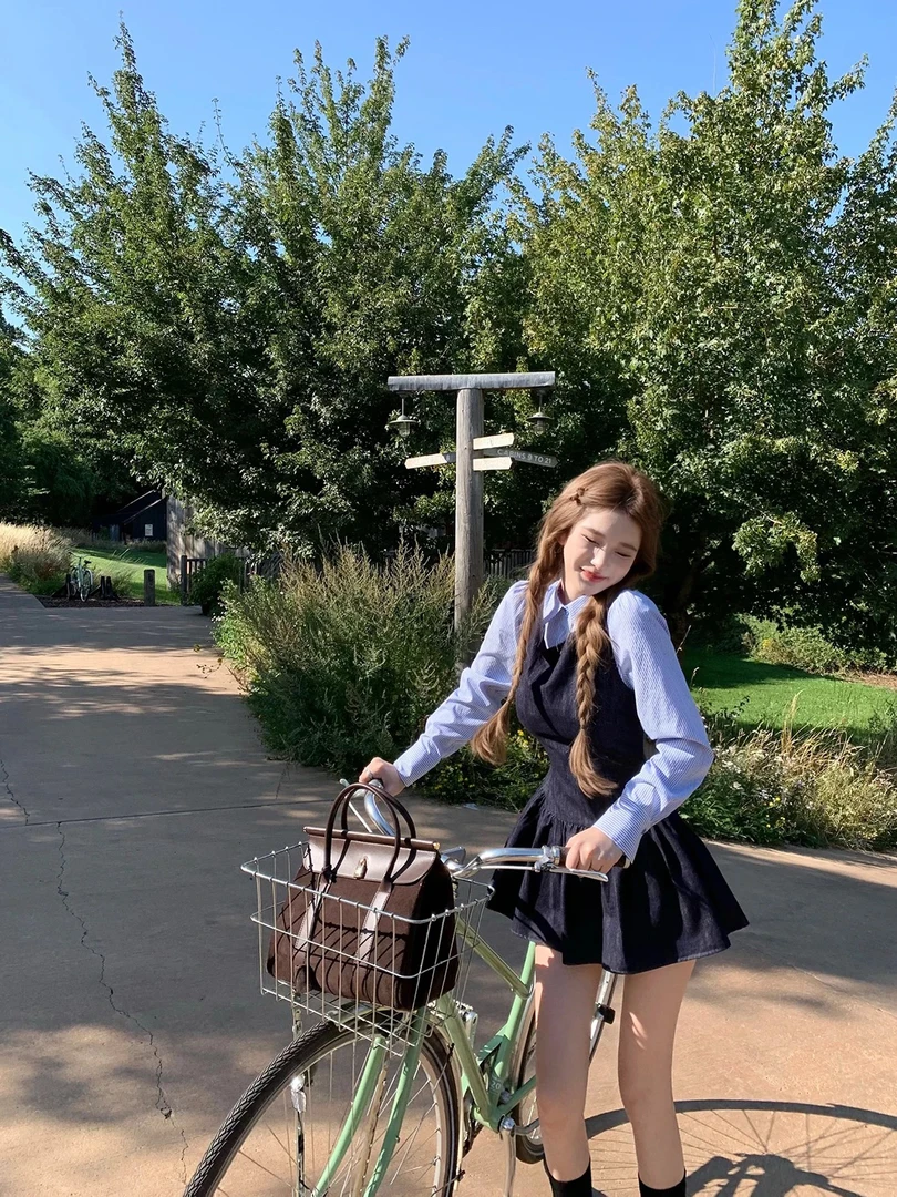 【软糖】~鬼马女高学院风背心连衣裙搭配条纹衬衫内搭套装早秋新款