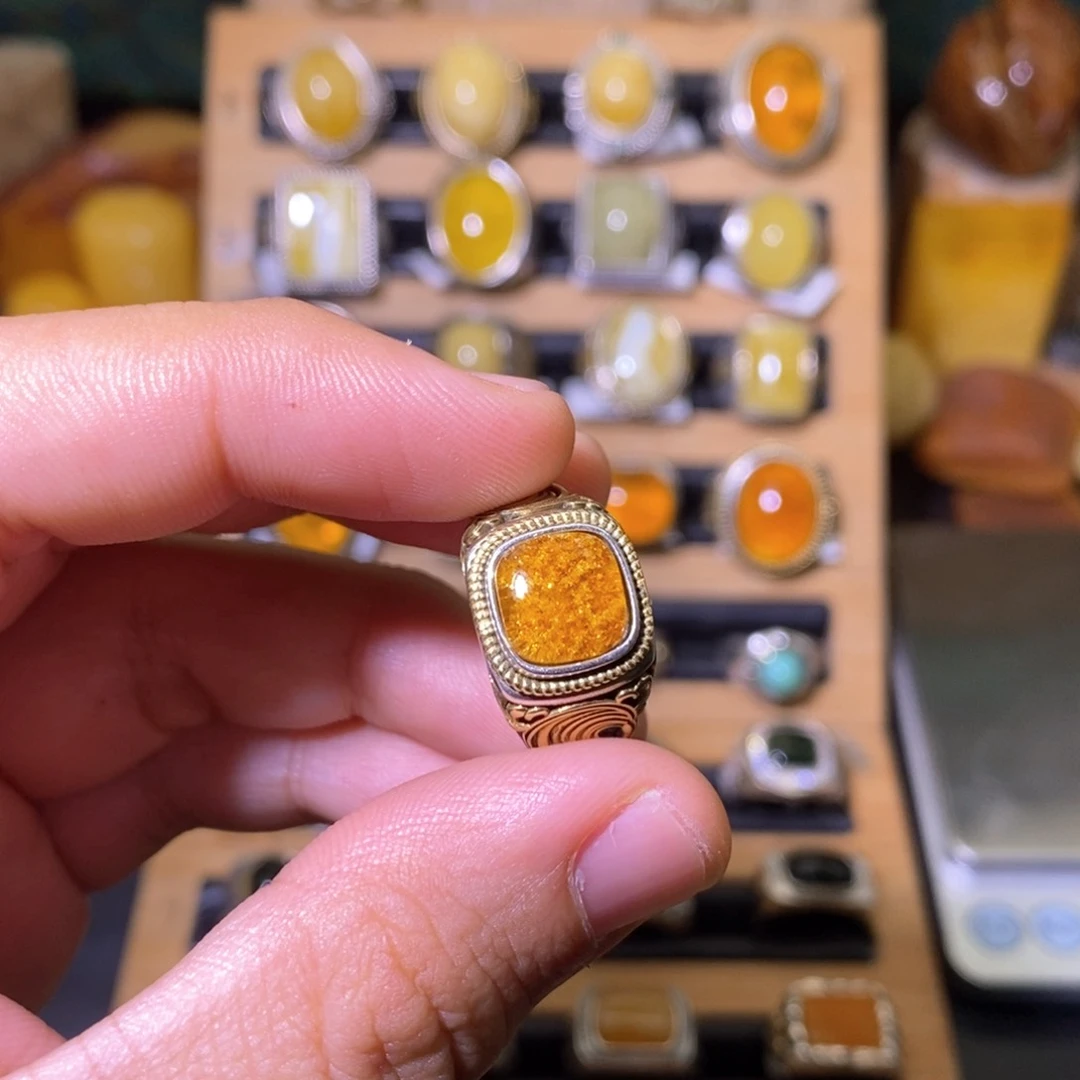 琥珀戒指银S925镶嵌骆*北
