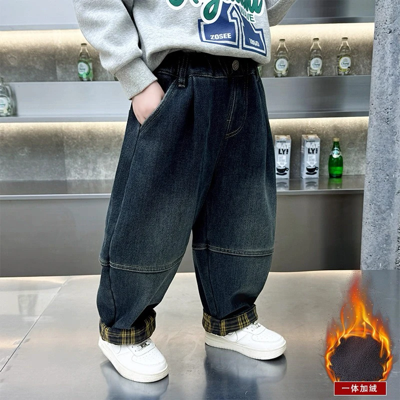 男童加绒牛仔裤2025新款帅宝宝一体绒长裤小男孩儿童秋冬加厚裤子