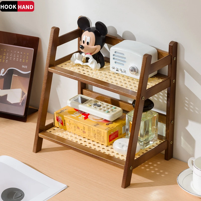 ins中古风藤编奶油色双层桌面置物架宿舍卧室办公厨房杯架整理架