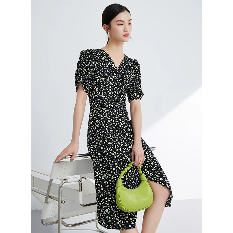 【小余专属】MOFAN摩凡夏新款黑底绿花连衣裙