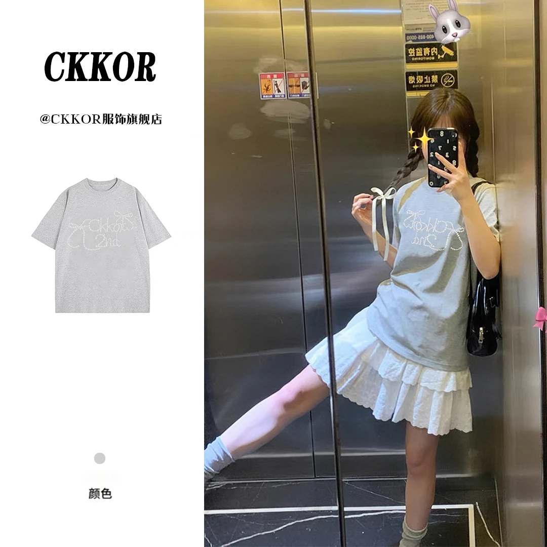 CKKOR夏季新款纯棉印花短袖t恤女时尚高级感气质穿搭圆领百搭上衣