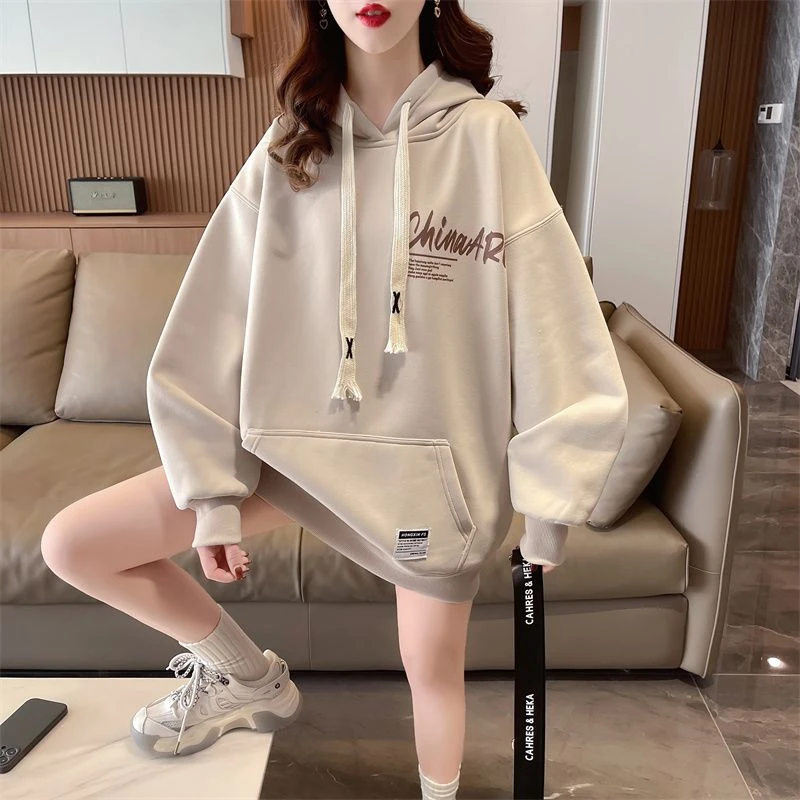 中长款连帽套头卫衣女春秋季薄款休闲百搭印花学生洋气韩版上衣服
