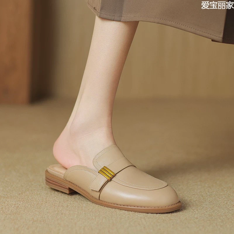 法式复古真皮包头半拖鞋软皮软底平底懒人穆勒鞋女无后跟凉拖鞋40