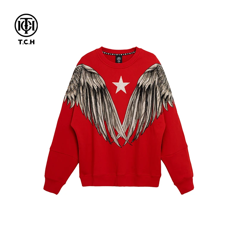 TCH服饰店播-重工翅膀时尚休闲新年红色圆领卫衣T69D11E6065