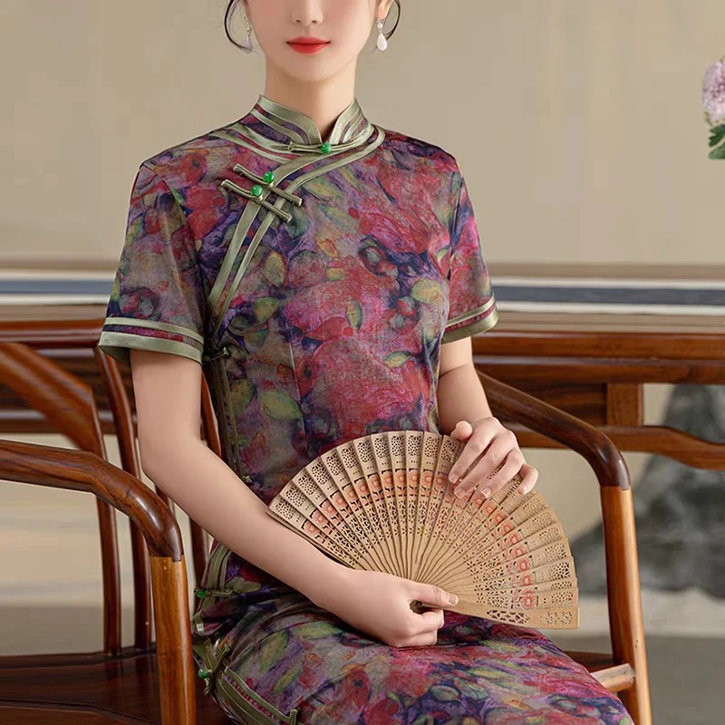 【彩韵】夏季新款改良复古新中式修身显瘦长款提花旗袍连衣裙