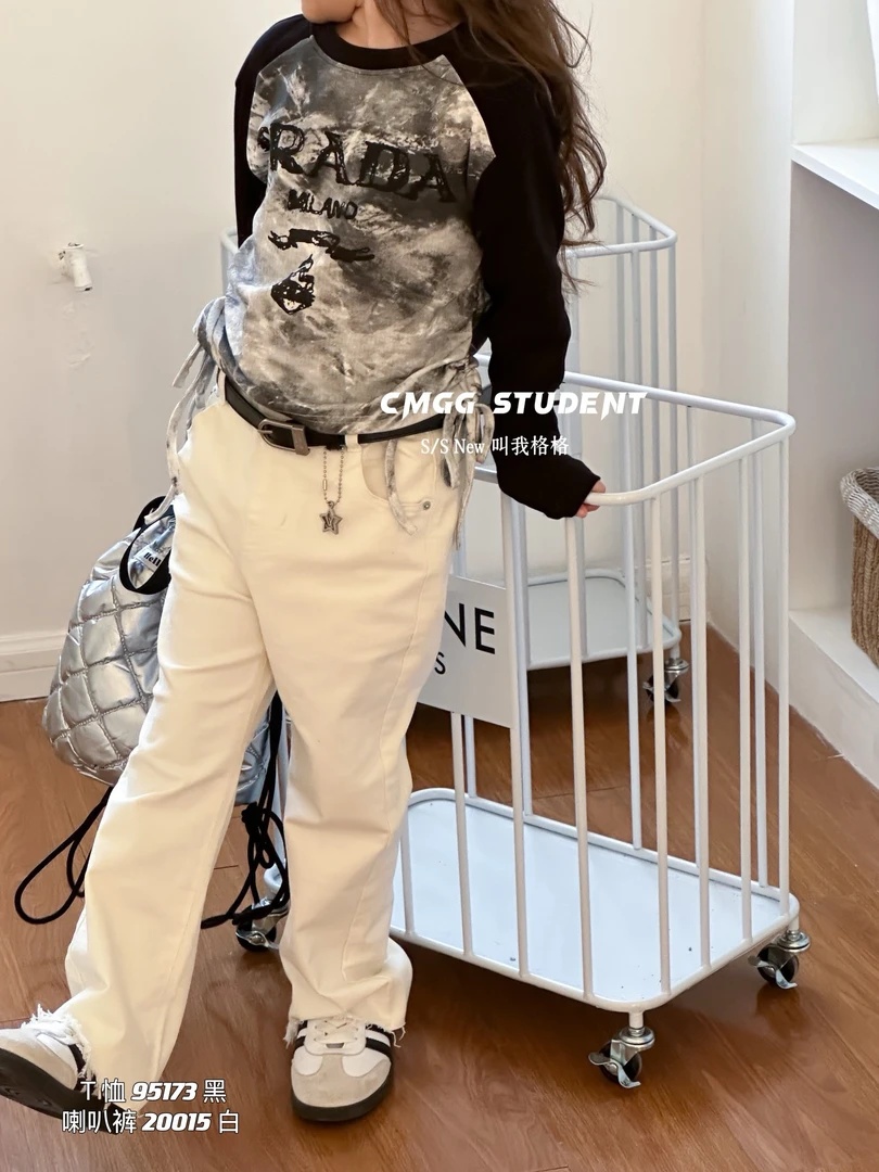 格格家儿童休闲喇叭裤 20015宝宝弹力女童直筒裤白色九分长裤子潮