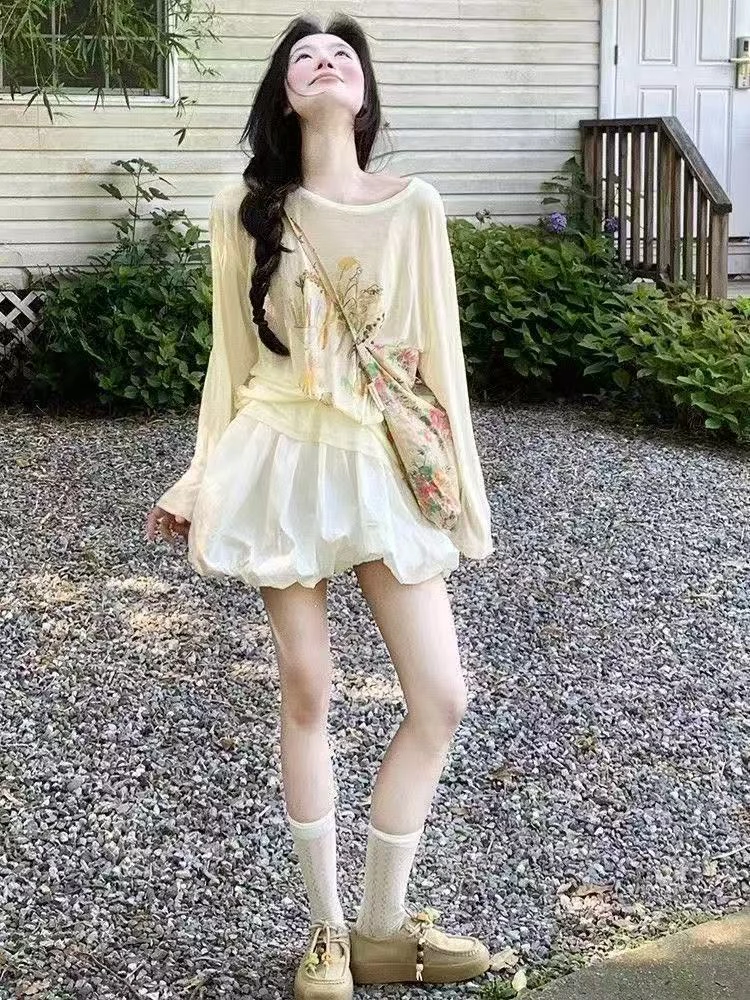 6453百搭小众甜美休闲风碎花时尚套装宽松韩版白色开衫