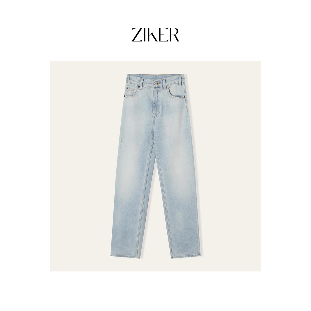 ZIKER｜复古微风｜做旧水洗破洞显瘦高腰直筒牛仔裤裤子（套袋机洗）