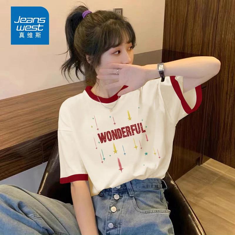 真维斯撞色纯棉短袖t恤女款爆款2025新款半袖学生独特别致上衣女
