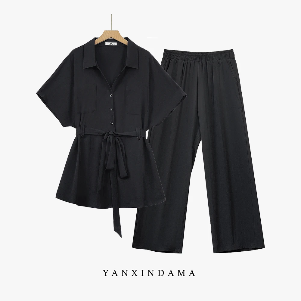 大码女装300斤胖MMV领短袖衬衫+高腰阔腿裤通勤气质套装168